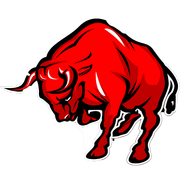 A red bull with long horns is standing on a white background.