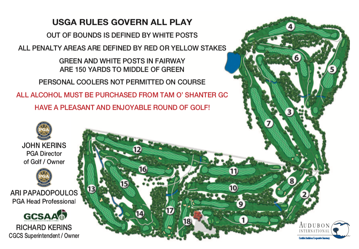 Golf course map with text about USGA rules, penalty areas, and alcohol policies.