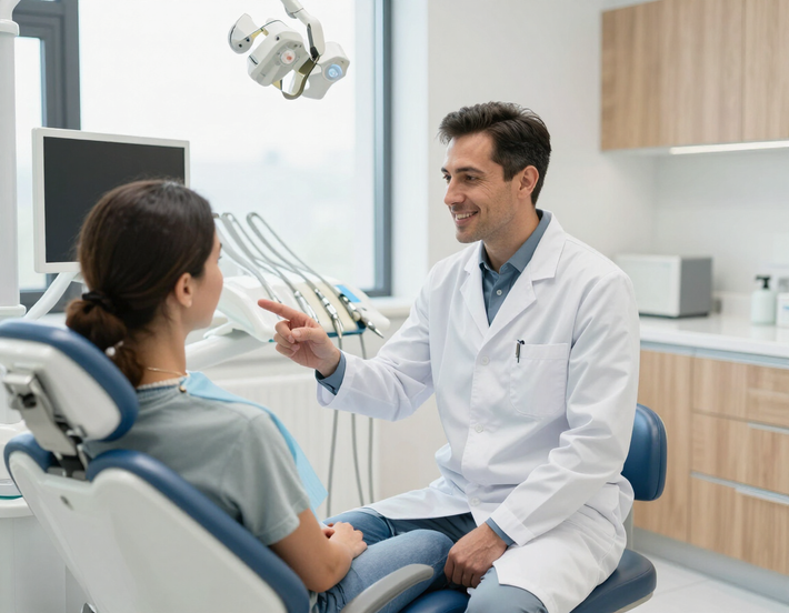 Dentist talking with patient in a bright exam room, holding a dental tool near a chairside monitor.