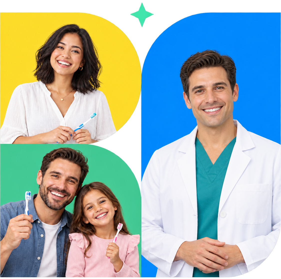 Two smiling doctors in white coats beside a family holding toothbrushes on colorful backgrounds