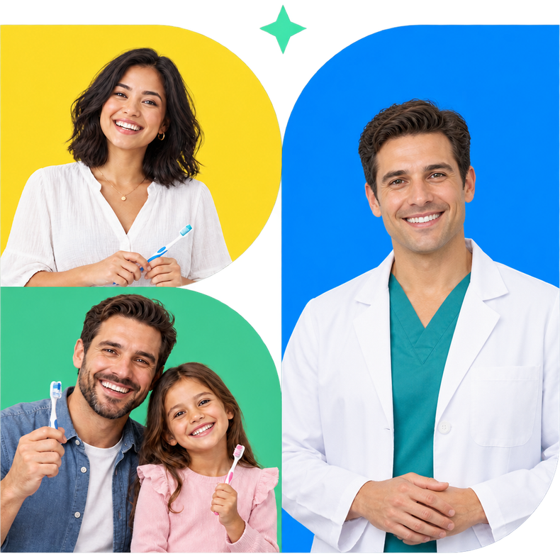 Two smiling doctors in white coats beside a family holding toothbrushes on colorful backgrounds