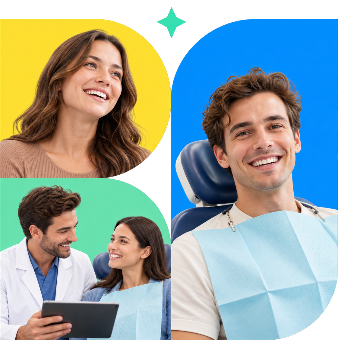 Smiling people in a colorful healthcare collage with a dentist and patient in a chair