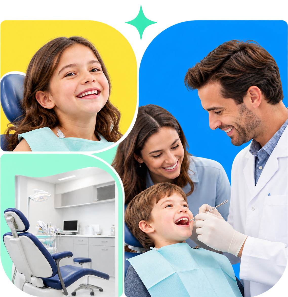 Smiling child with dentist and parent in a bright dental clinic; inset shows a modern treatment chair.