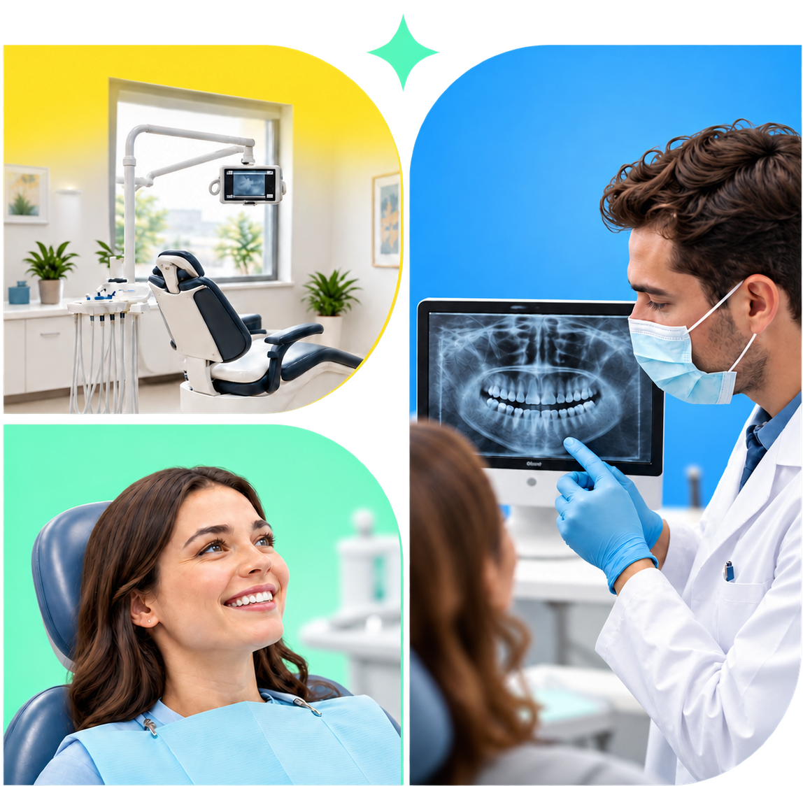 Dental collage showing a modern clinic, smiling patient, and dentist reviewing X-rays while wearing a mask