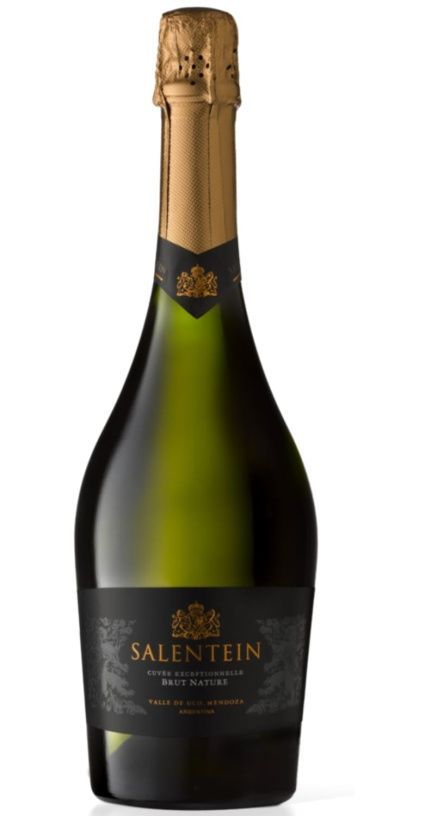 Botella de vino espumoso Salentein, con etiqueta dorada y negra, sobre fondo neutro.