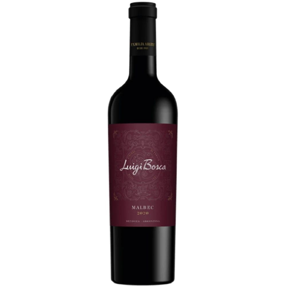 Botella de vino Luigi Bosca Malbec con etiqueta color burdeos oscuro.
