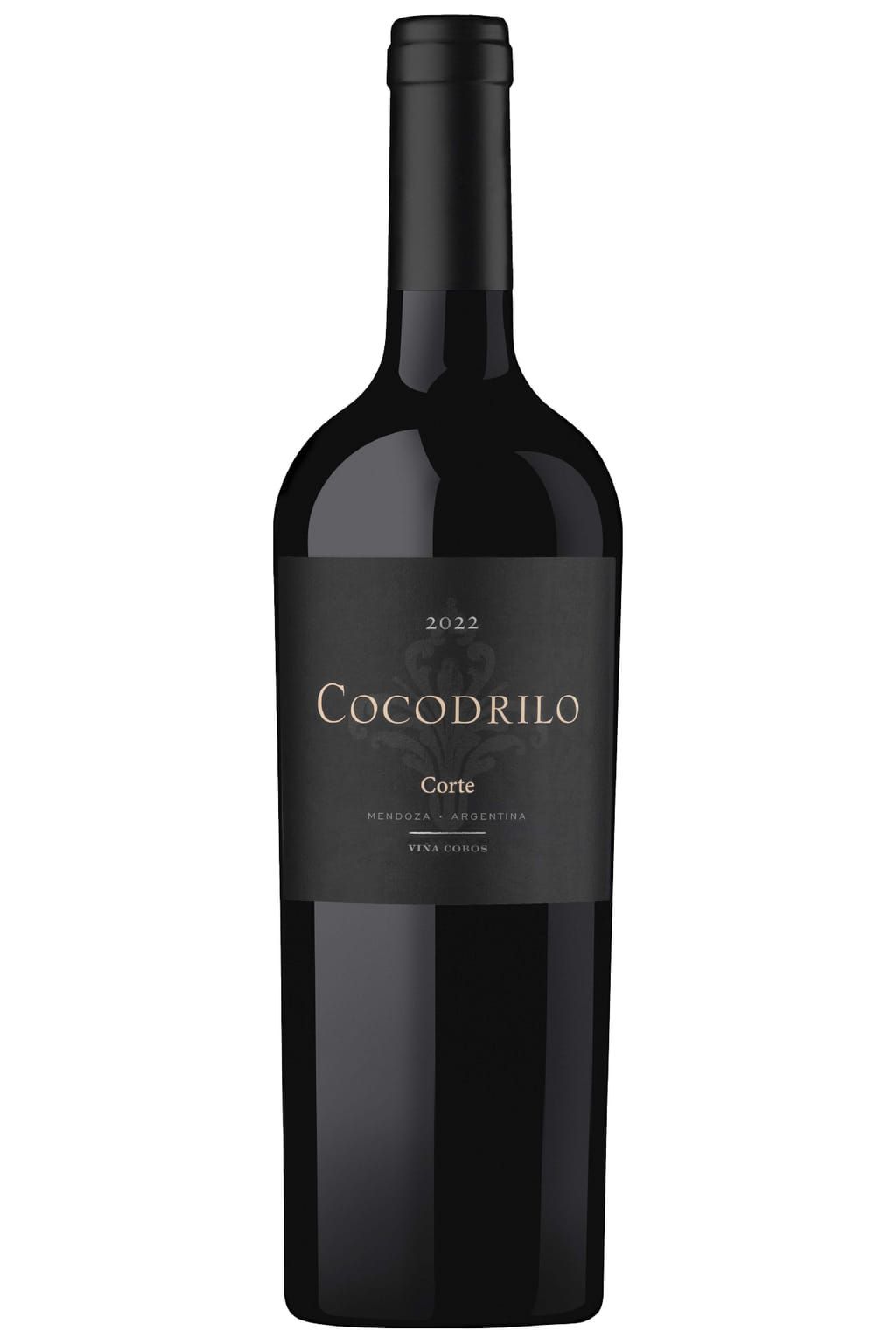 Botella de vino Cocodrilo Malbec con etiqueta oscura.