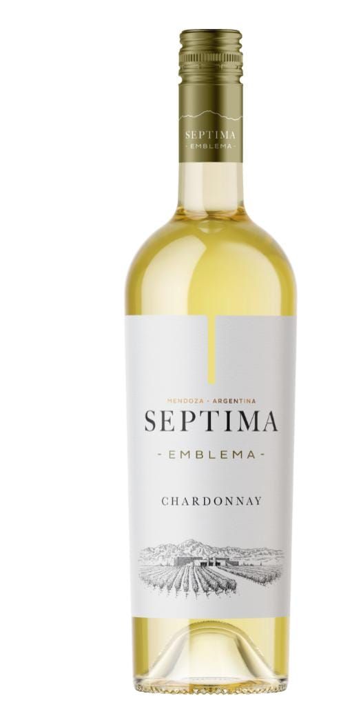 Botella de vino Septima Emblem Chardonnay. Etiqueta blanca, tapón dorado.
