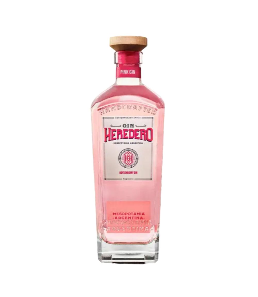 Botella de Ginebra Hemedero Pink con tapón de madera, líquido rosa y etiqueta blanca.