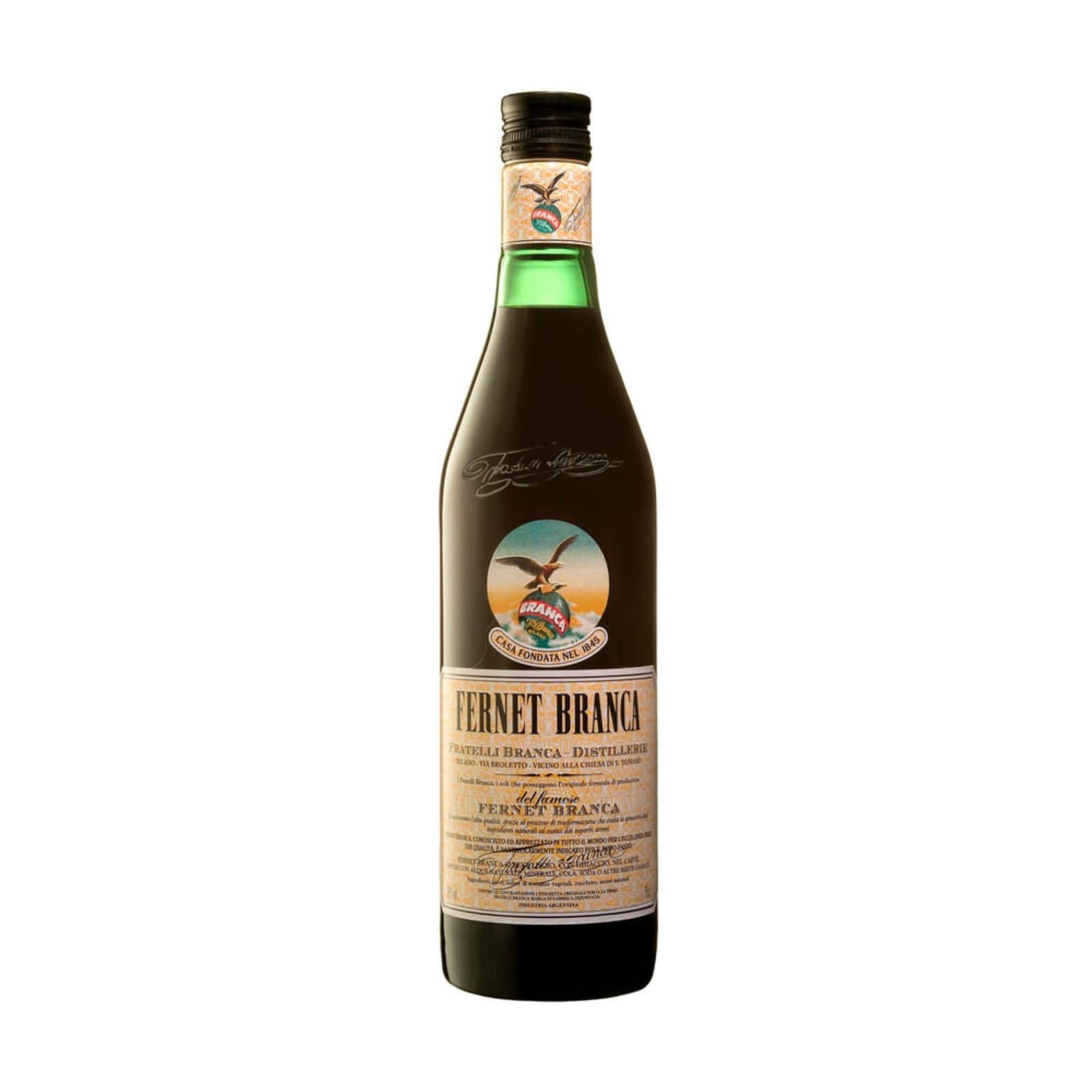 Botella de licor Fernet-Branca con cuello verde y etiqueta con un águila y texto.