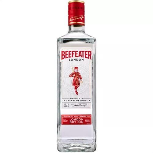 Botella de ginebra Beefeater London Dry con tapón rojo y etiqueta con la figura de 