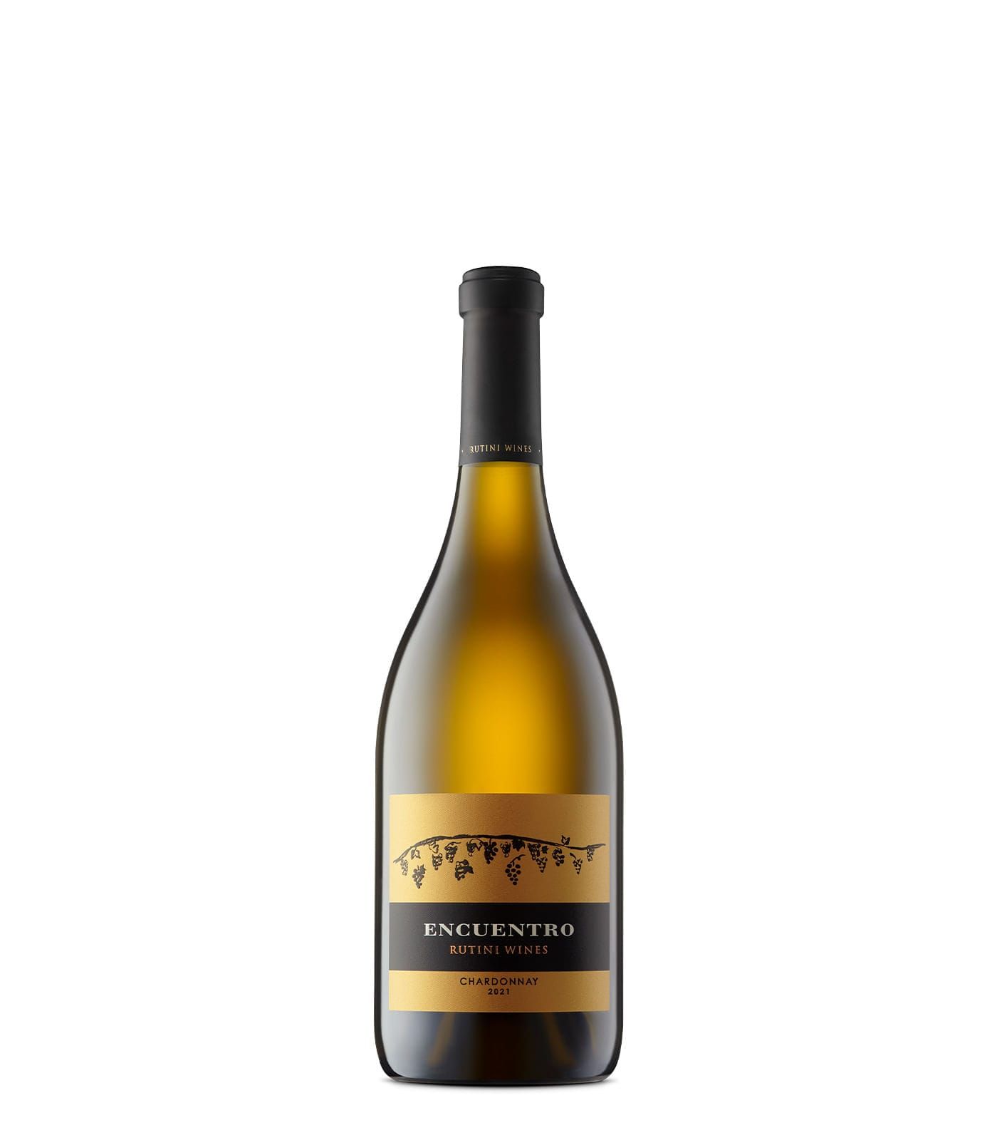 Botella de vino blanco con etiqueta dorada y negra sobre fondo blanco.