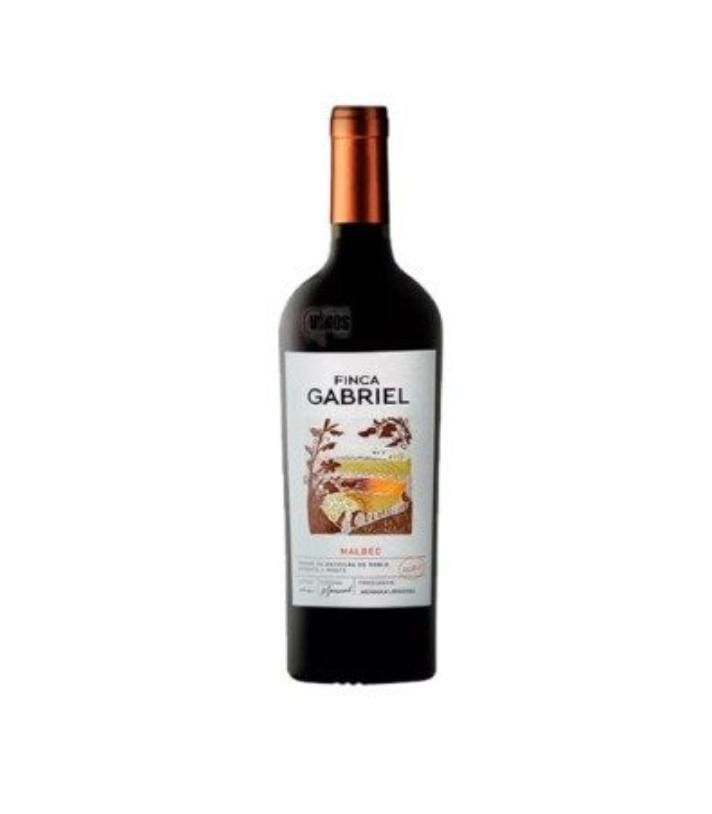Botella de vino Finca Gabriel Malbec con tapa de cobre y etiqueta blanca.