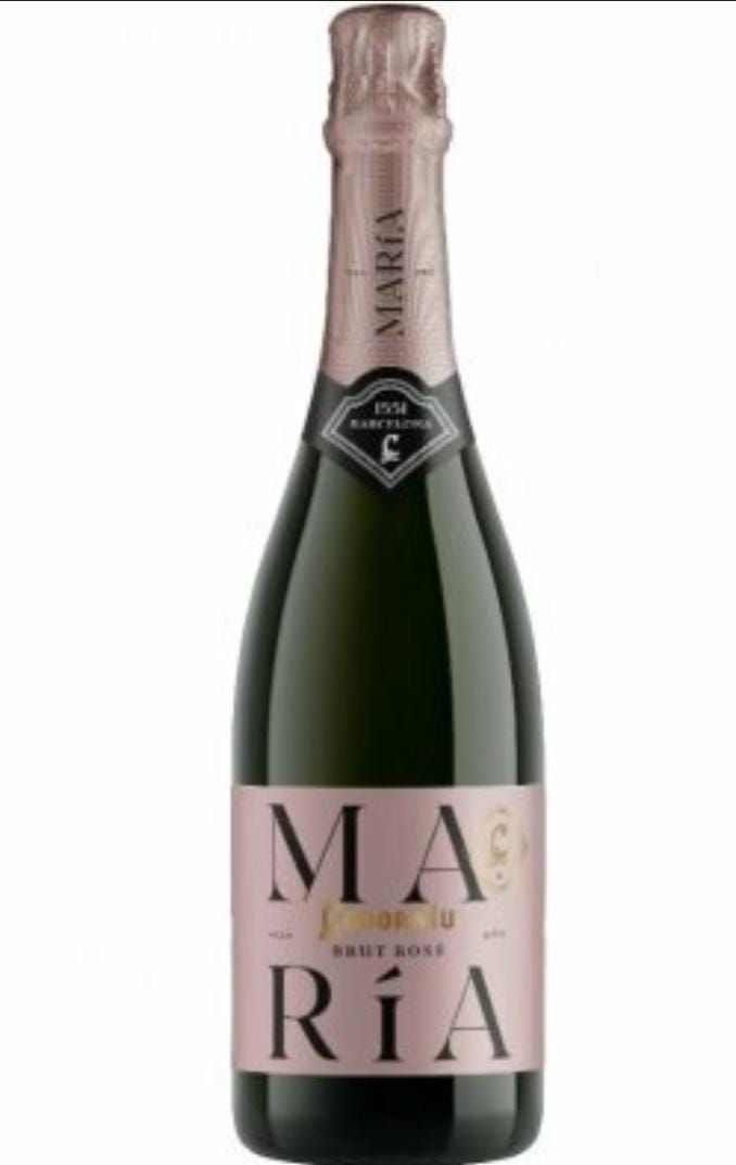 Botella de vino espumoso rosado María Cava. Etiqueta y lámina rosa.