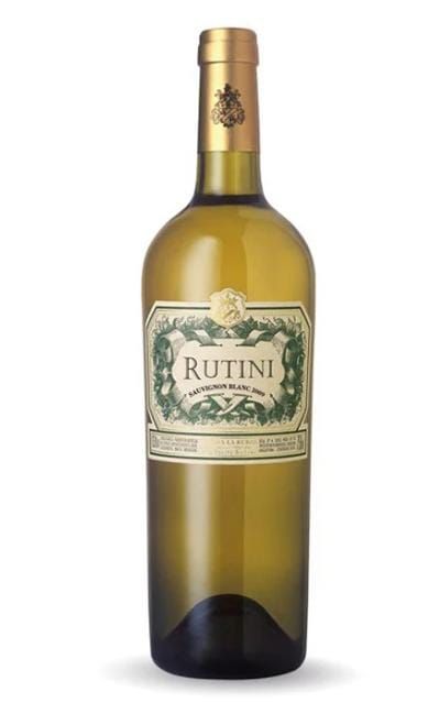 Botella de vino blanco Rutini. Cristal verde pálido, tapa dorada y etiqueta verde con texto blanco.