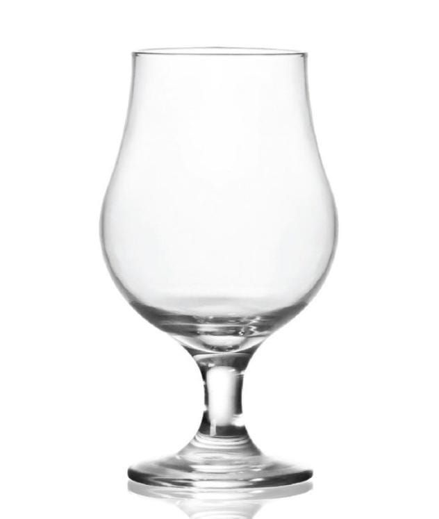 Vaso de cerveza vacío en forma de tulipán, transparente, base de tallo, listo para llenar.