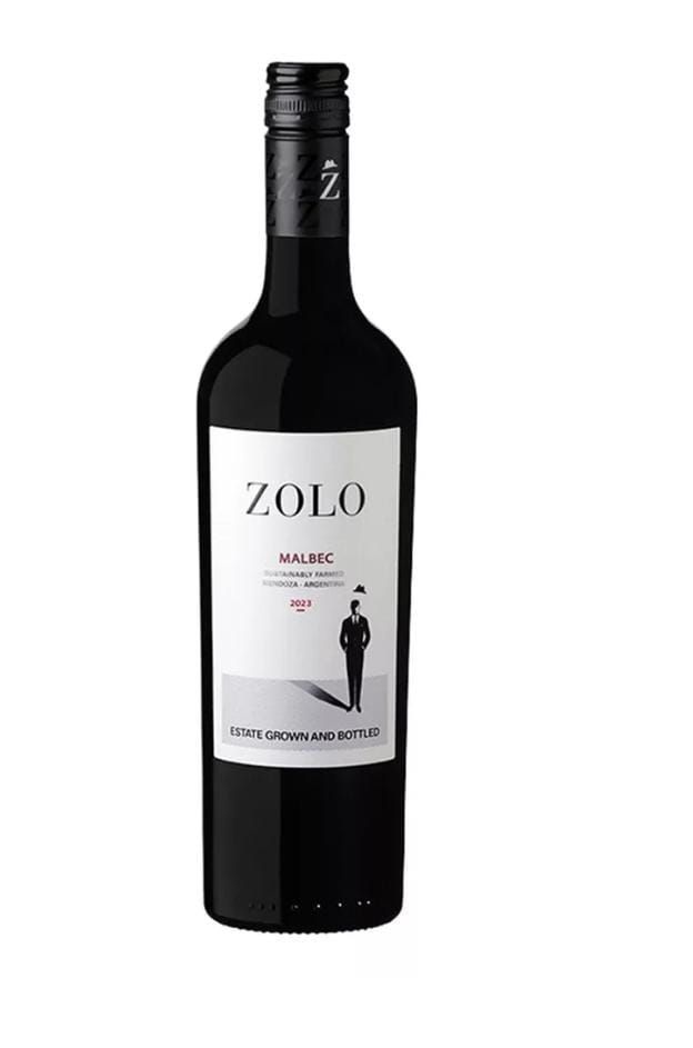 Botella de vino tinto Zolo Malbec con etiqueta que presenta una figura de silueta.
