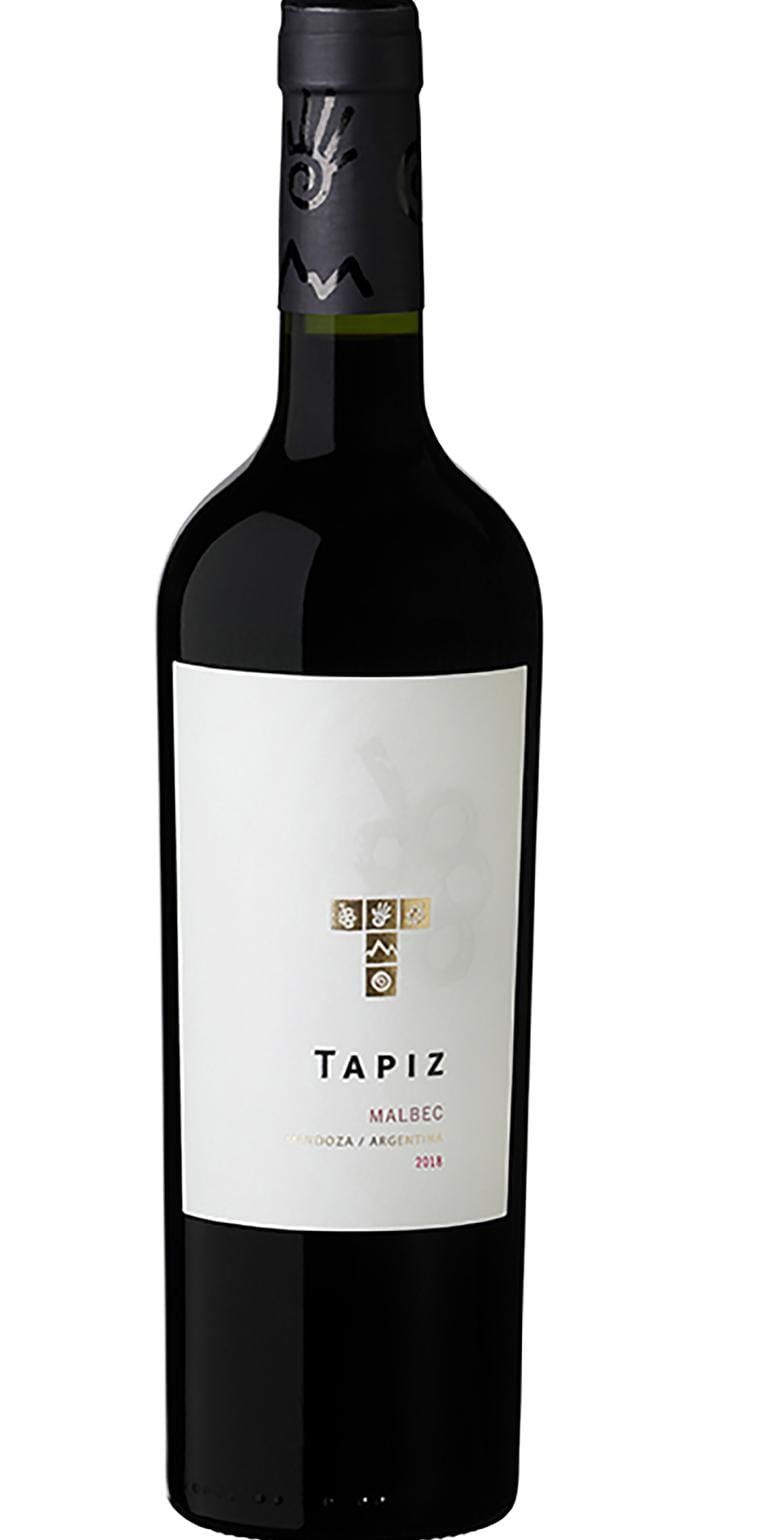 Botella de vino Tapiz con etiqueta blanca.