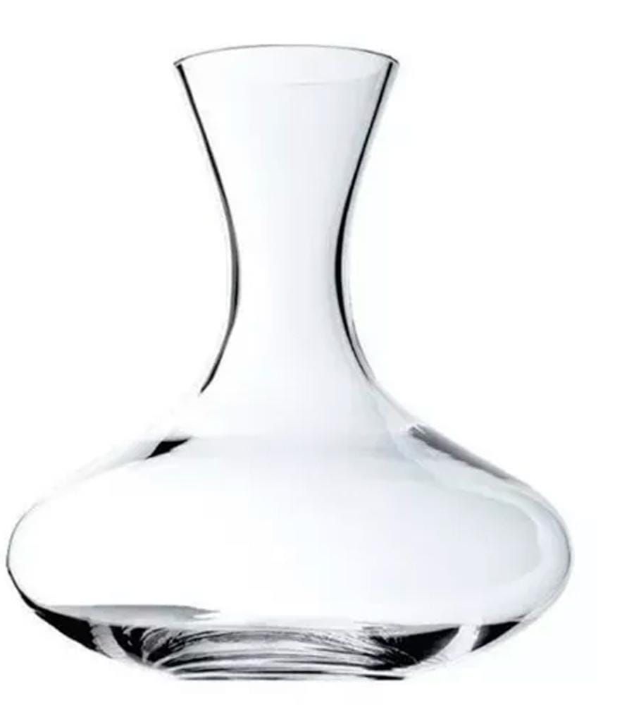 Decantador de vino de vidrio transparente con base ancha y cuello estrecho.