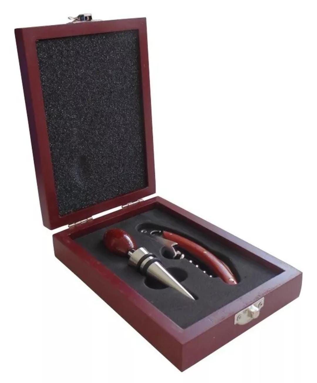 Juego de abridor y tapón de vino en caja de madera, detalles en rojo.