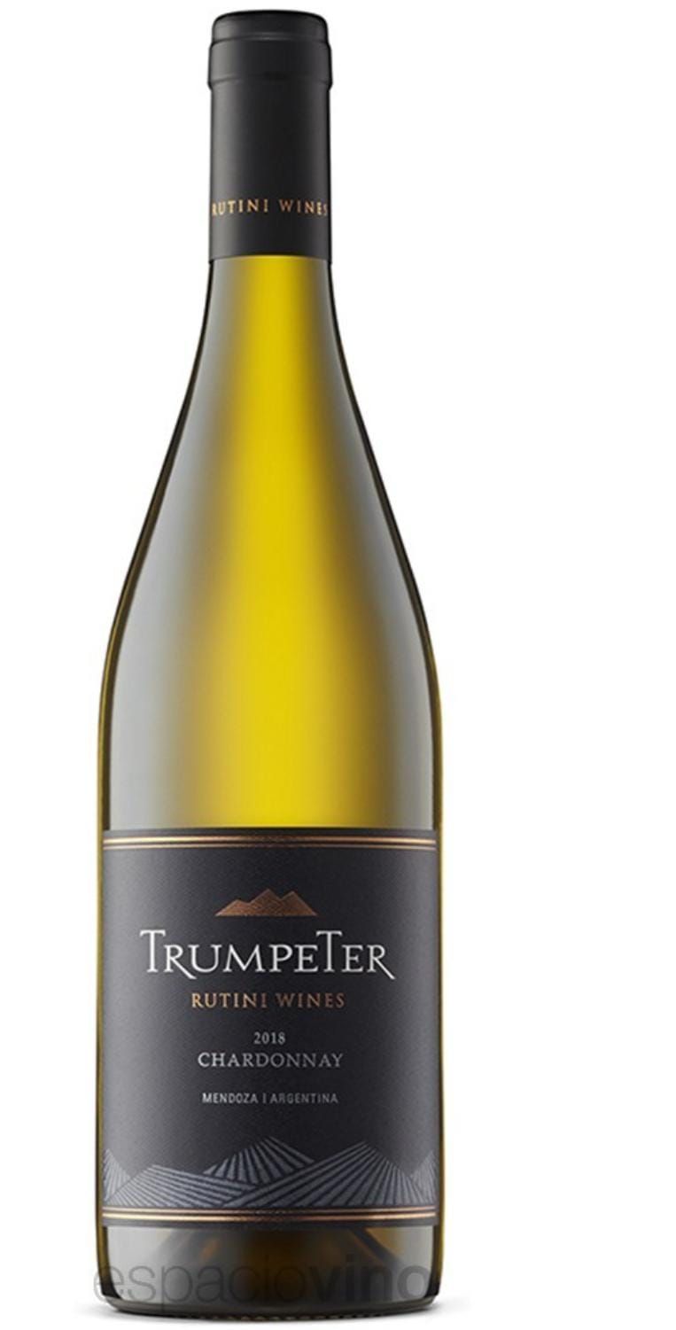 Botella de vino blanco Trumpeter Botrytis Semillón. Etiqueta negra con detalles dorados y grises.