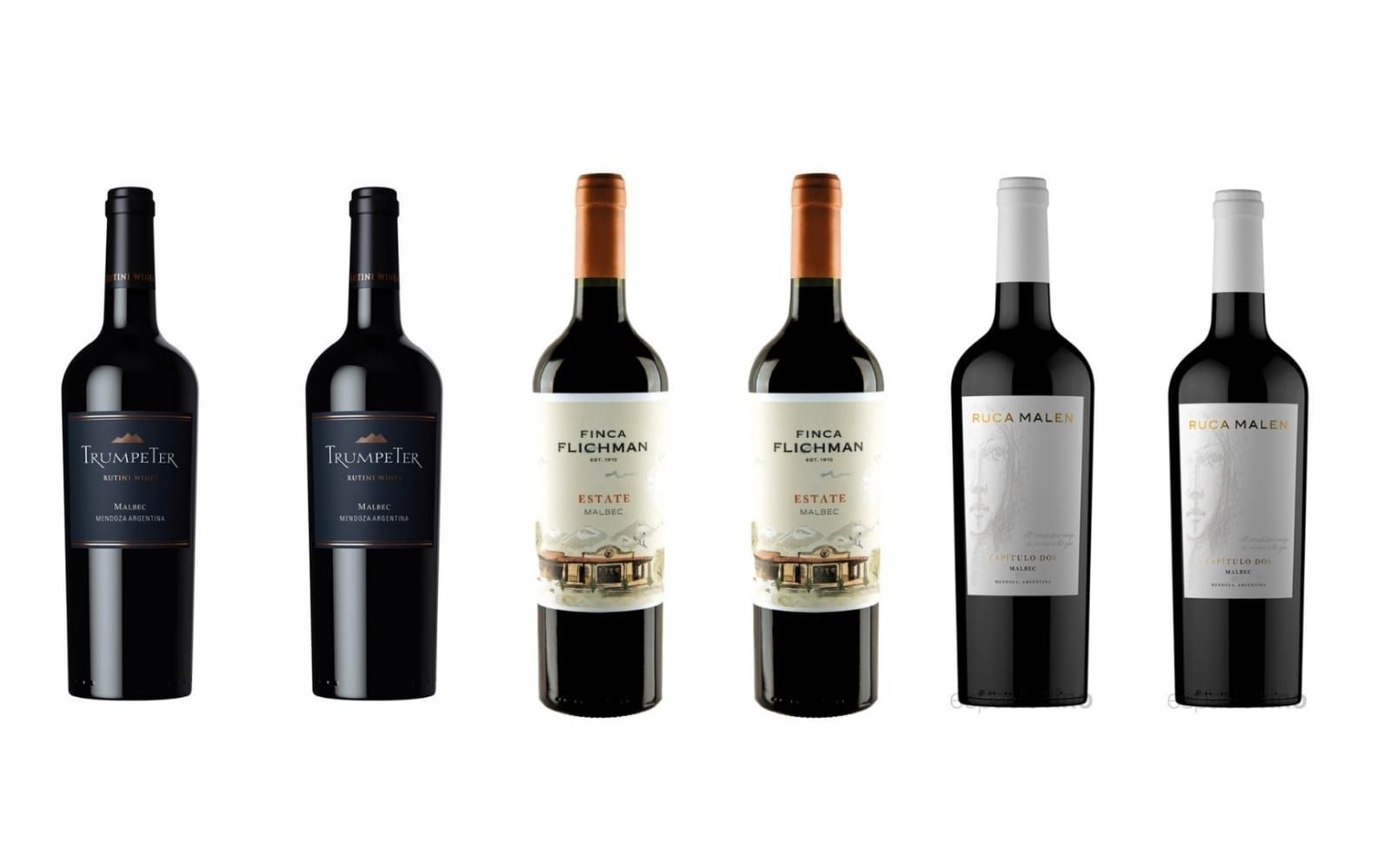 Seis botellas de vino oscuro con diferentes diseños de etiquetas.