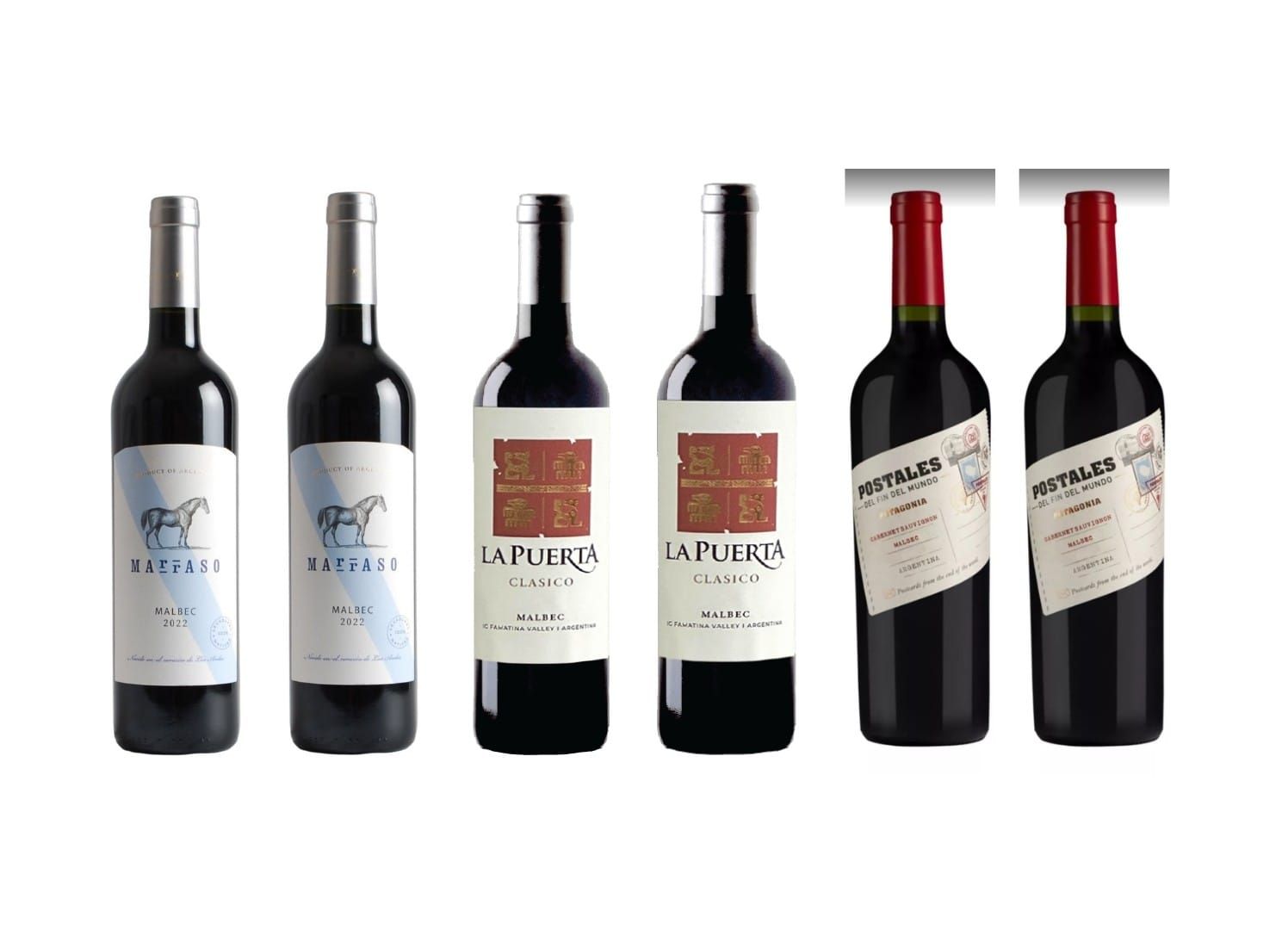 Seis botellas de vino tinto con diferentes etiquetas, dispuestas en fila.