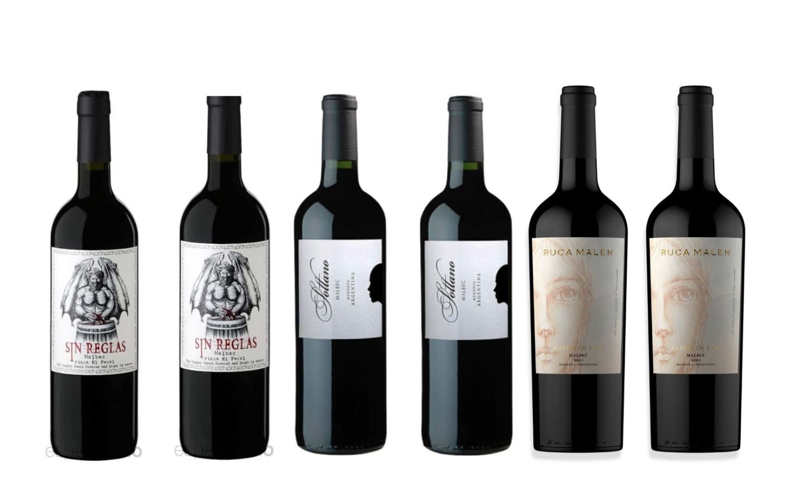 Seis botellas de vino tinto alineadas, cada una con una etiqueta diferente.