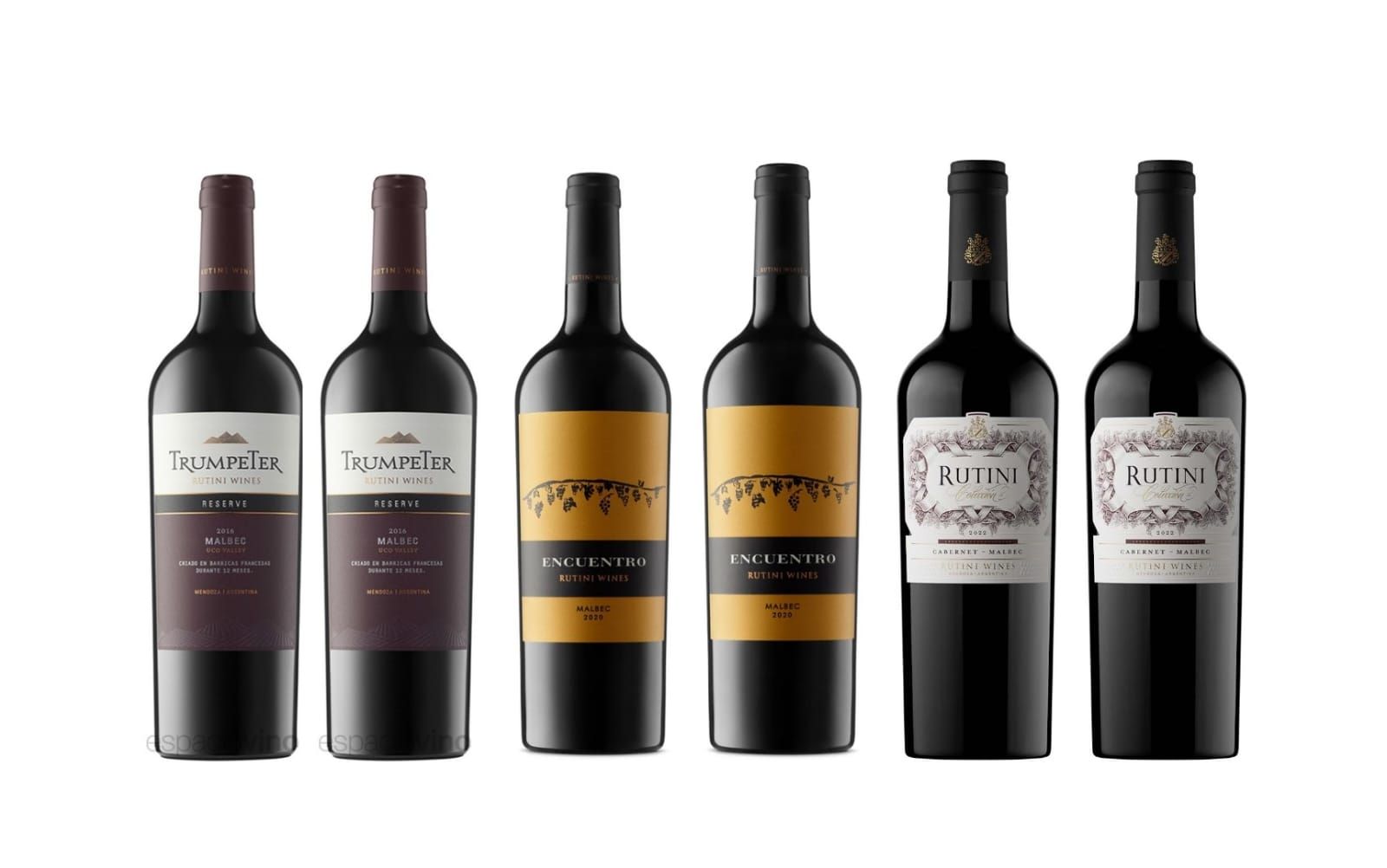 Seis botellas de vino oscuro con diferentes etiquetas.