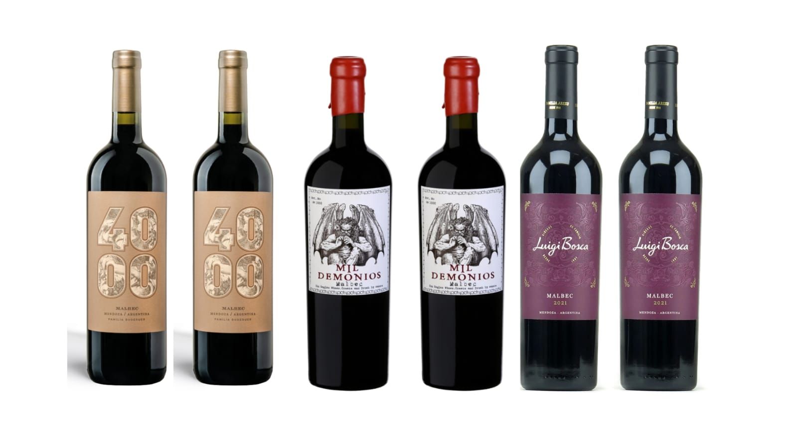 Cinco botellas de vino tinto con etiquetas diferenciadas.