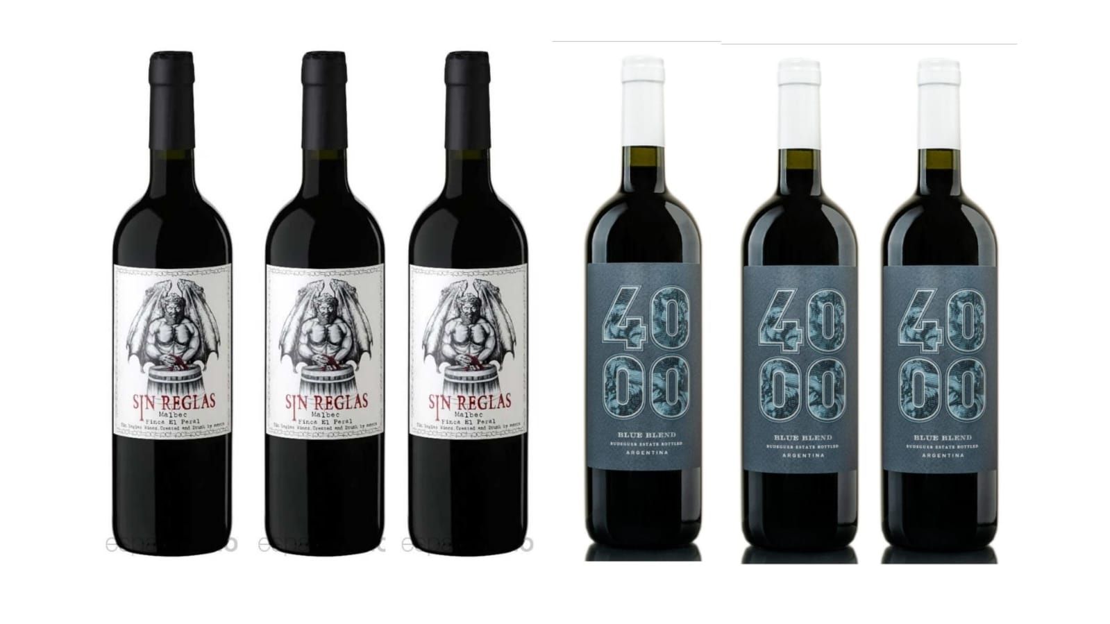 Seis botellas de vino con líquido oscuro, con diferentes diseños de etiquetas.