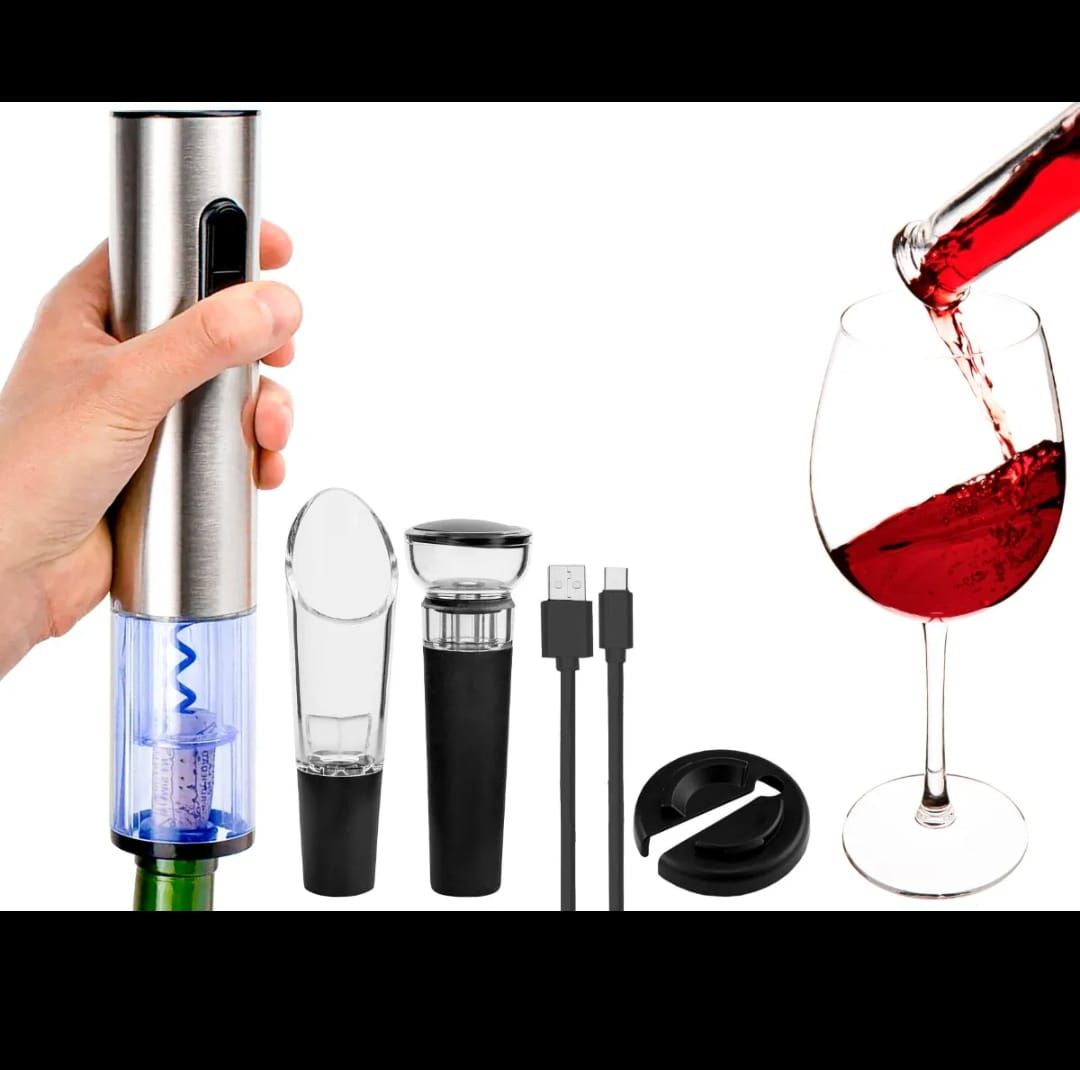 Juego de abridor de vino eléctrico con accesorios: verter vino tinto en una copa.