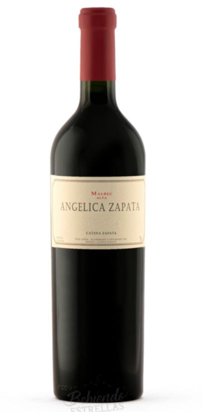 Botella de vino tinto Tapón rojo, botella oscura, etiqueta color crema.