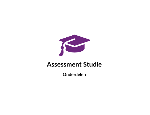 Paars afstudeerpetlogo boven “Assessment Studie” met daaronder “Onderdelen” op een witte achtergrond