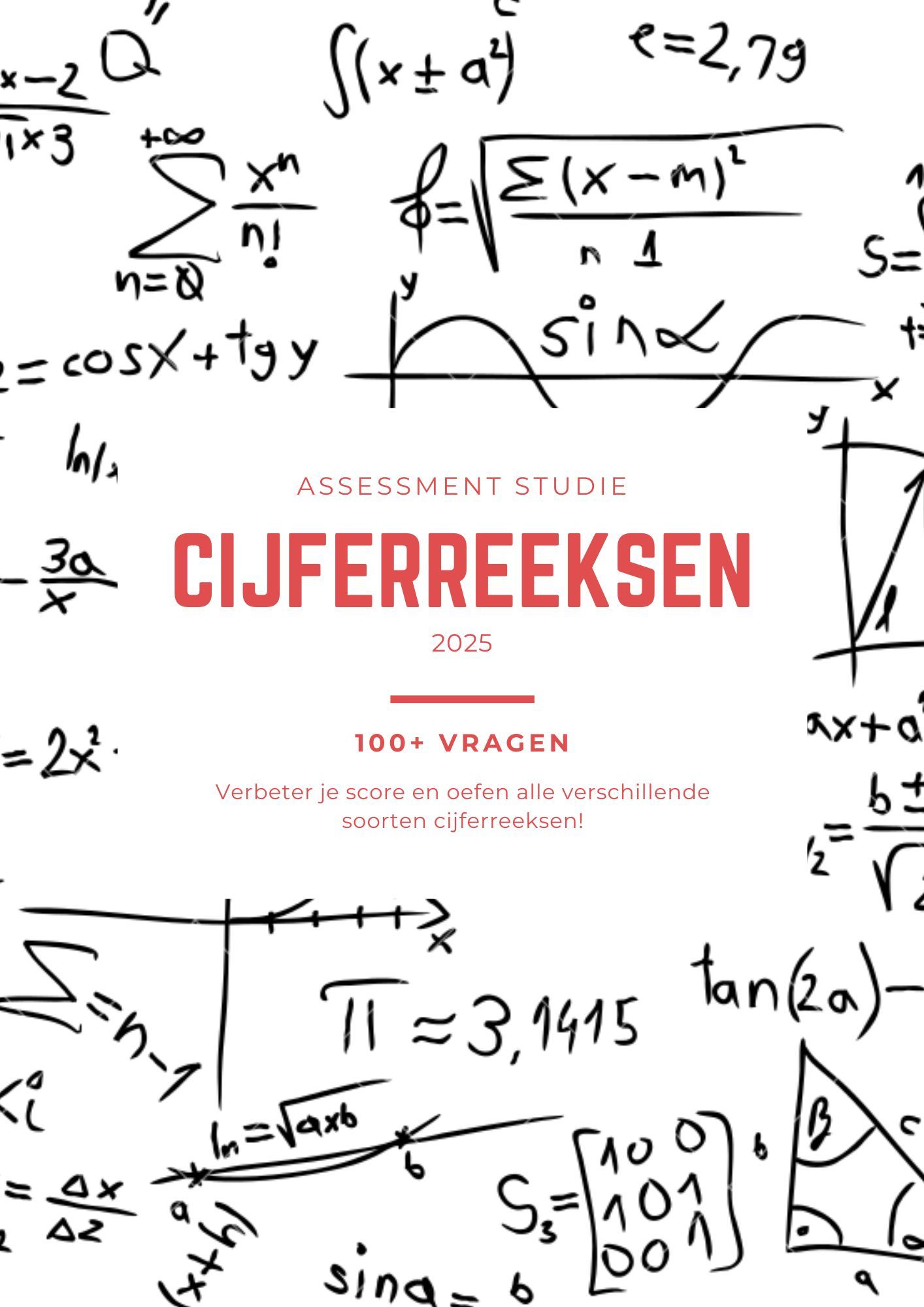 Boekcover van Cijferreeksen met wiskundige formules en tekeningen op een witte achtergrond, rode titeltekst.