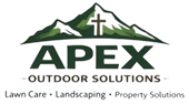 Apex Outdoor Solutions logo with mountain and cross, green and black text, lawn care and landscaping services