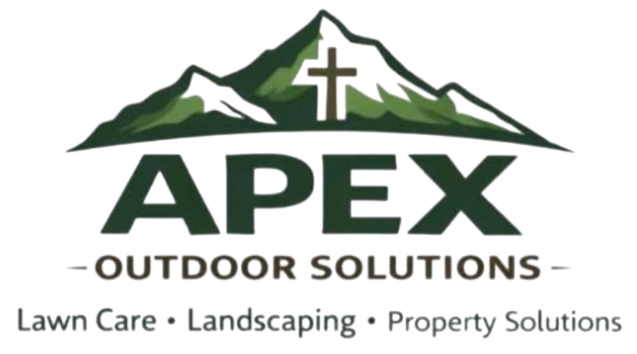 Apex Outdoor Solutions logo with mountain and cross, plus lawn care, landscaping, and property solutions text