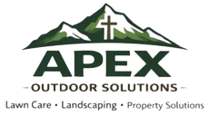 APEX Outdoor Solutions logo with mountain and cross, green text, lawn care, landscaping, property solutions