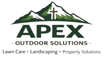 Apex Outdoor Solutions logo with mountain and cross, plus lawn care, landscaping, and property solutions text