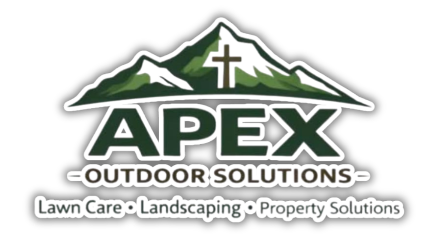 Apex Outdoor Solutions logo with green mountains, cross, and lawn care and landscaping services text