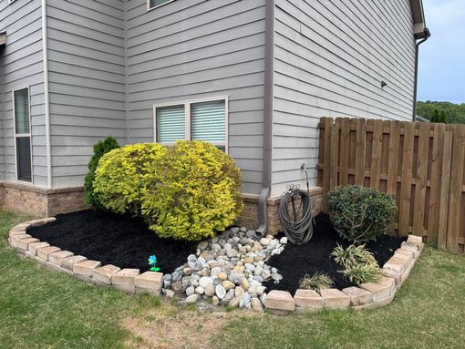 Corner landscaping bed with yellow shrub, white rocks, black mulch, and stone border beside house and fence