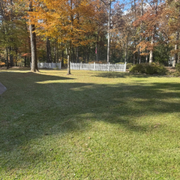 Grassy backyard with autumn trees and a white fence in the background