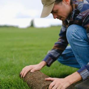 Man laying sod on a green lawn, pressing the rolled turf into place outdoors.