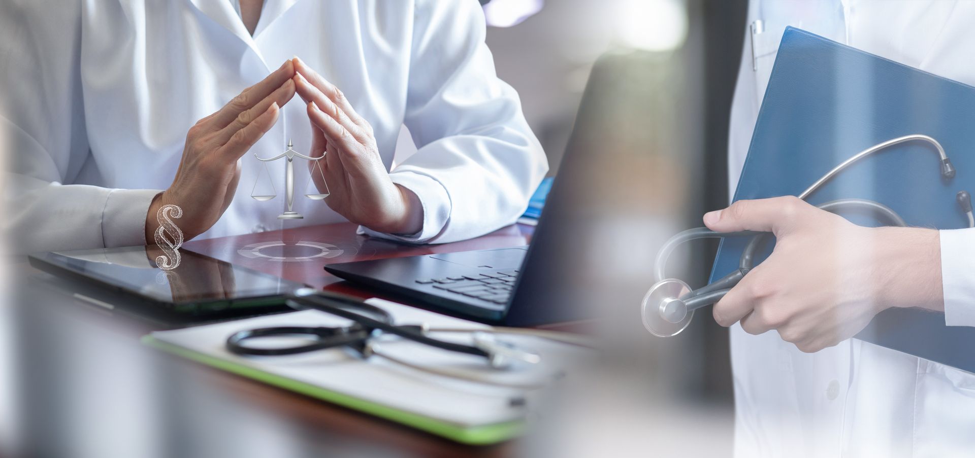 Doctor with stethoscope reviewing medical records beside healthcare law symbols on a desk.