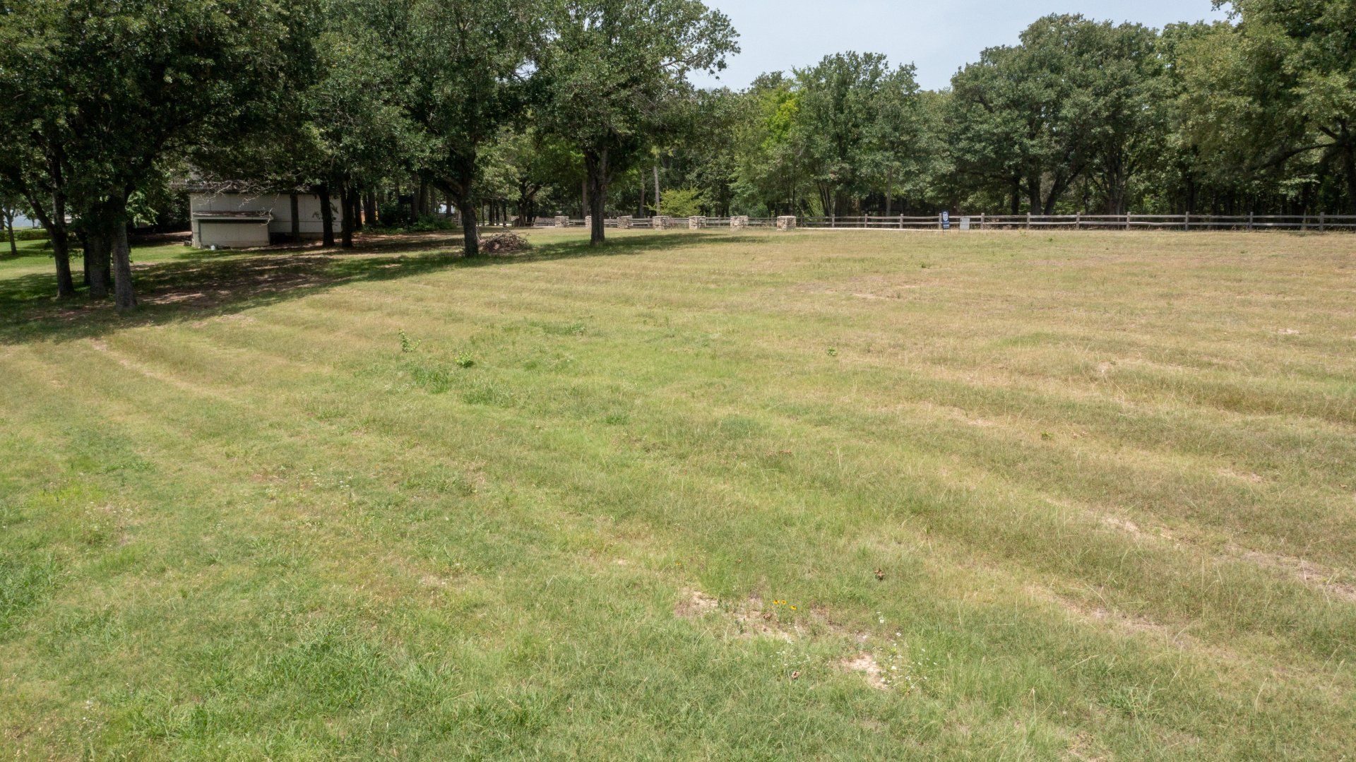 A large grassy field with trees in the background.