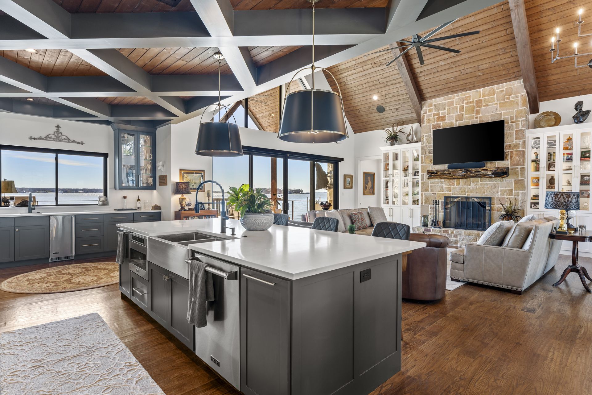 There is a large island in the middle of the kitchen.