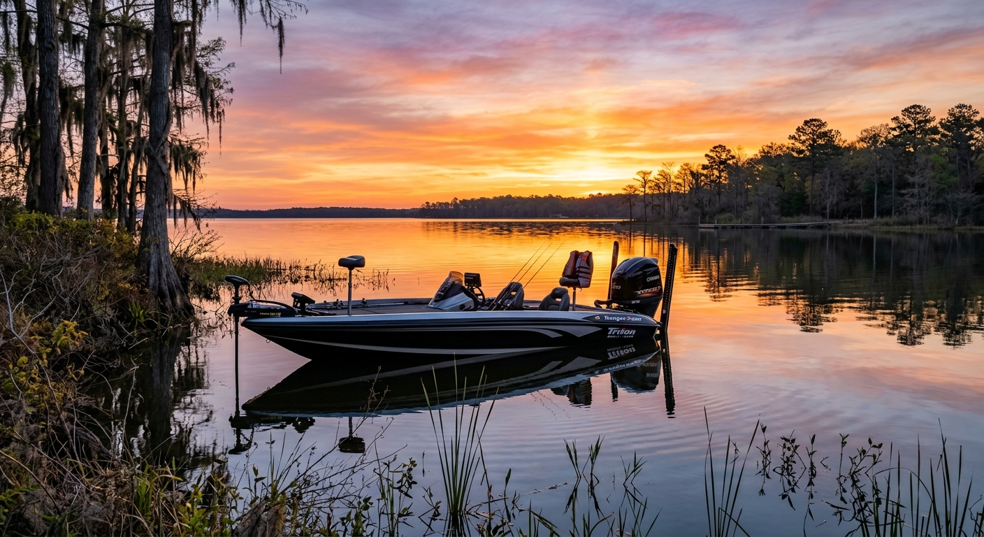 A motorboat on a calm Texas lake at sunrise, with rocky shoreline and clear blue sky in the background