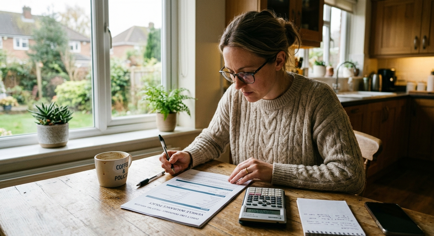 Person reviewing auto insurance documents and a calculator at a wooden desk in a Texas home office