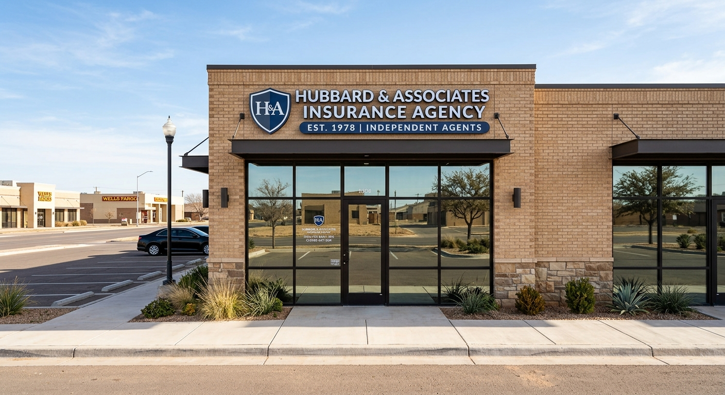 Local Lubbock Texas insurance agency office exterior on a clear West Texas afternoon