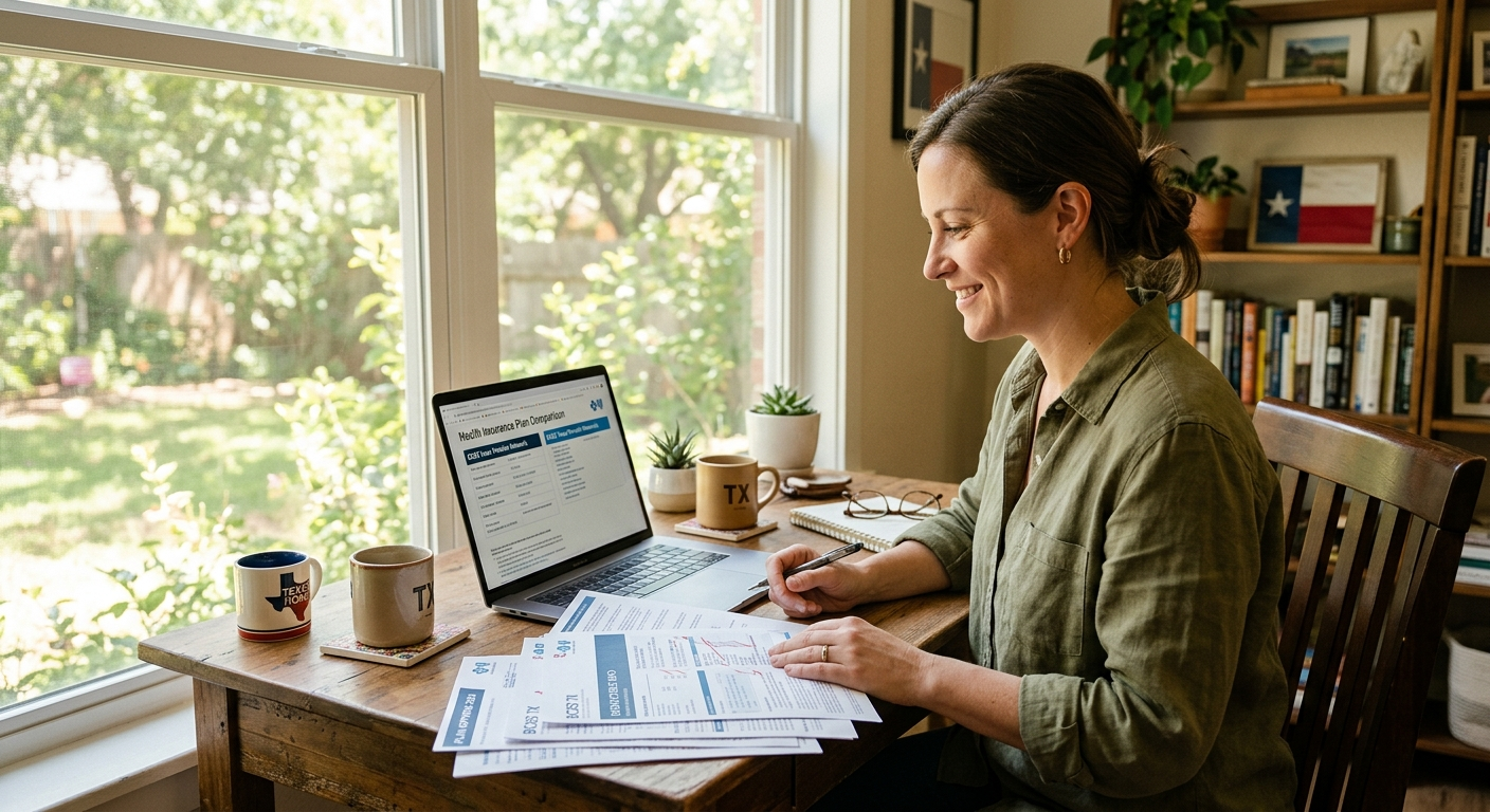Person reviewing health insurance plan documents at a kitchen table in a Texas home
